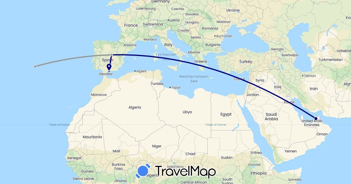 TravelMap itinerary: driving, plane in United Arab Emirates, Spain, Portugal (Asia, Europe)